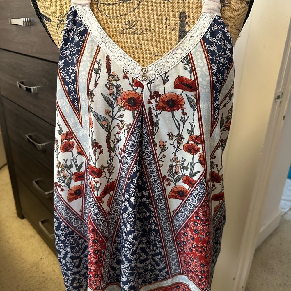 Xhilaration White and Blue Asymmetrical Embellished Camisole